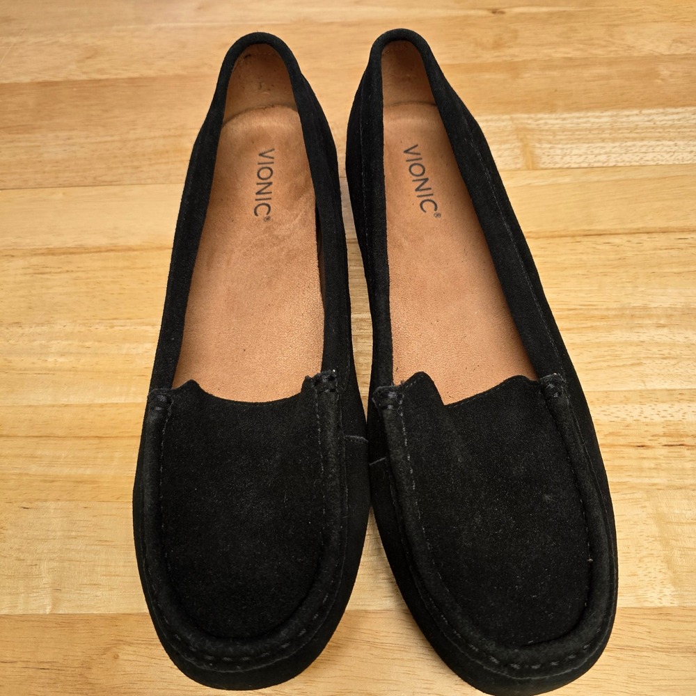 Vionic Suede Loafers Womens 12 Black Orthotic Comfort Moc Toe Flats